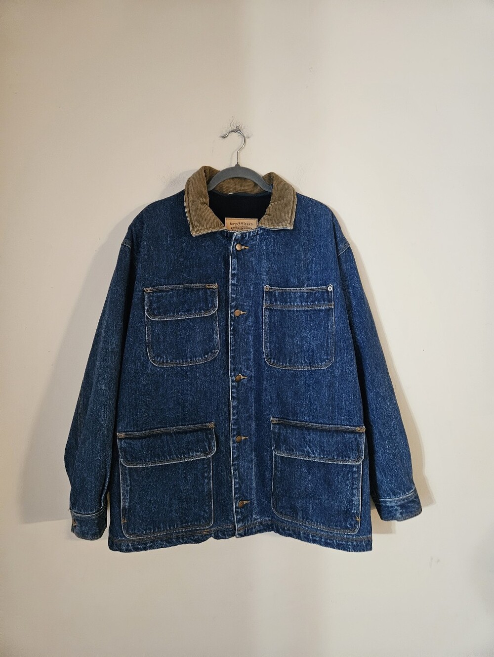 Levi's Men's Dark Blue Denim Coat with Contrast Corduroy Collar, Size Medium